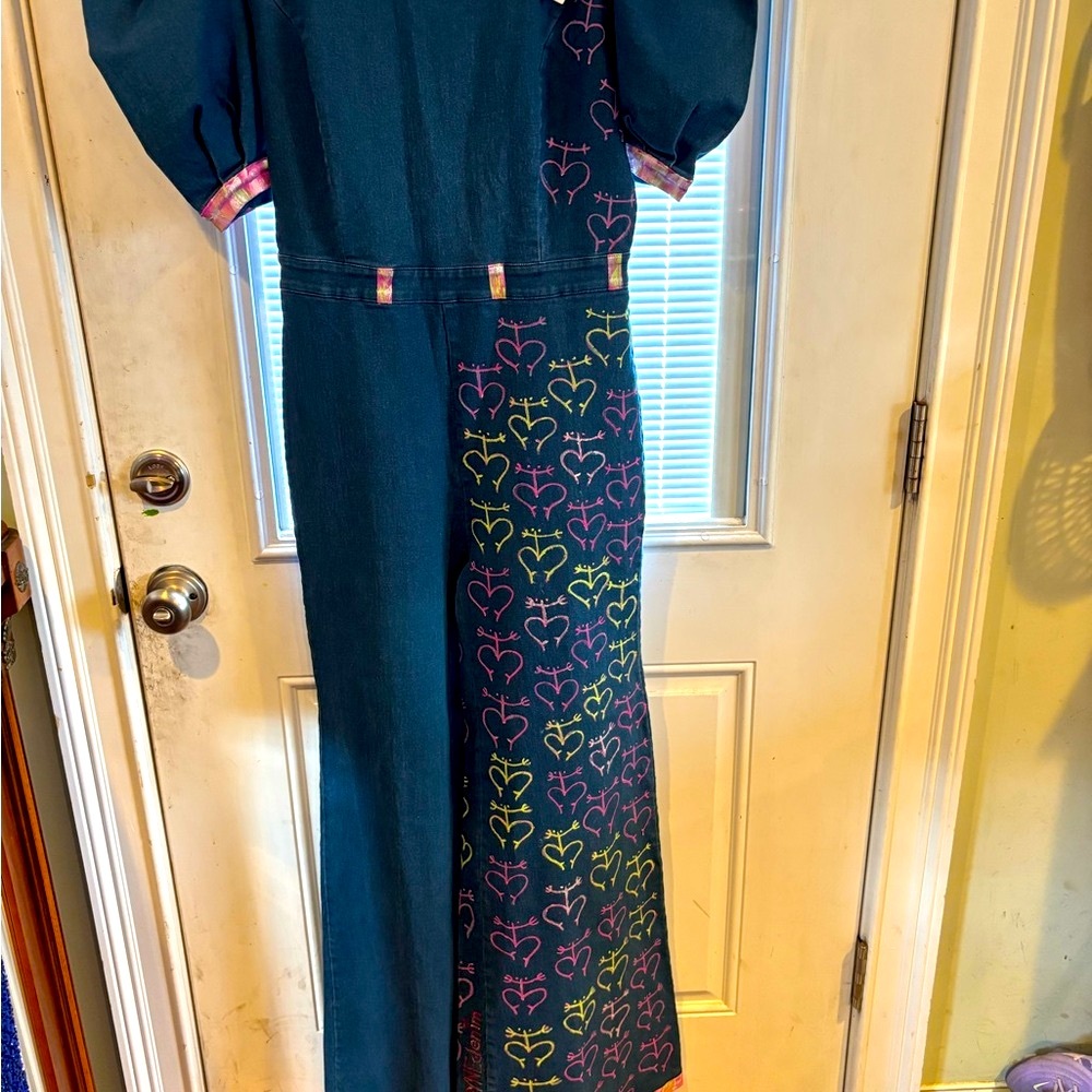 Boutique Modern-Hippie 70s style stretch pantsuit. Painted by denim artist. L